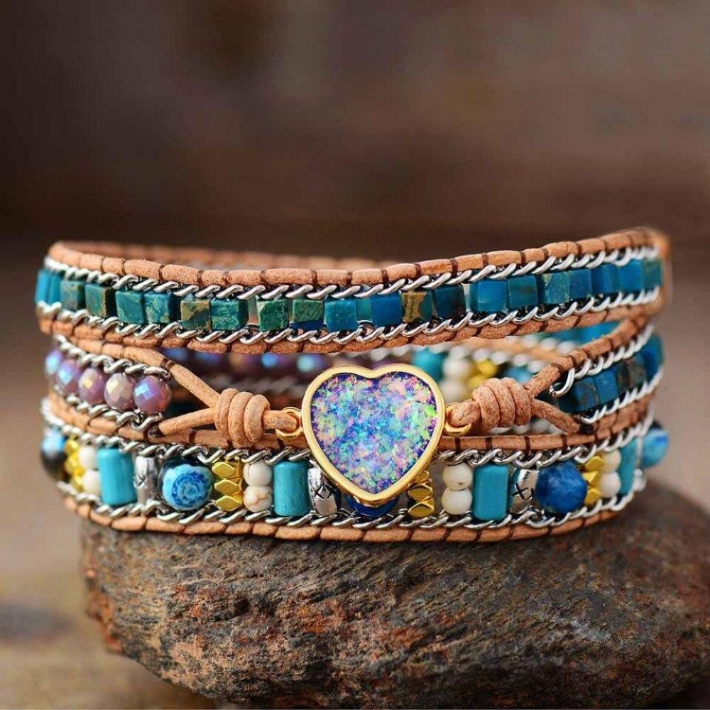 Pulseira Bracelete de Pedras Jaspe e Opala Boho Coração Azul